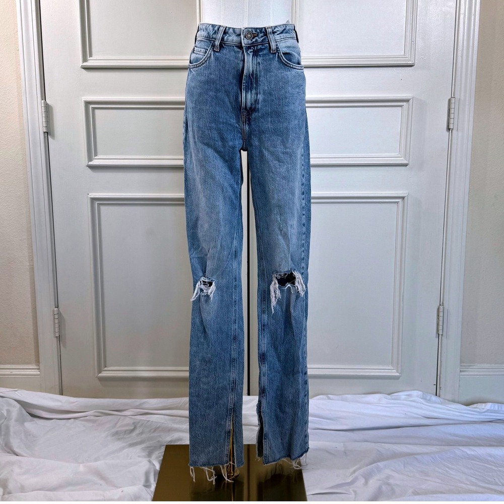 Zara Distressed Hi-Rise Straight Leg Jeans Women's 4 Blue Denim Slit Hem Acid